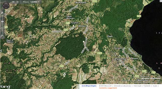Figura 3 Foto satellite dell'area dell'escursione con la Macchia della Manziana evidenziata